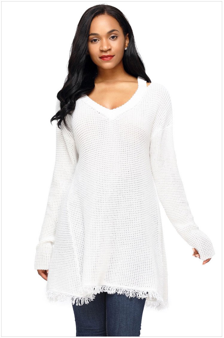 Size S White Women's sweater long-sleeved V-neck strapless sweater