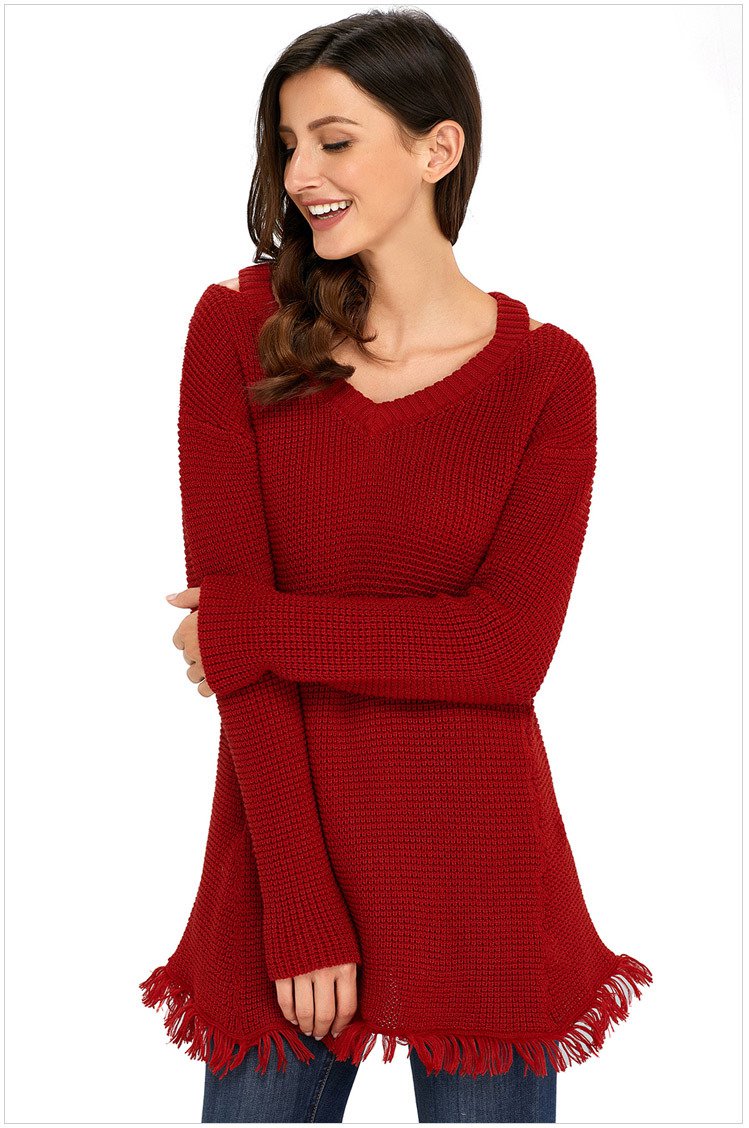 Size M Red Women's sweater long-sleeved V-neck strapless sweater