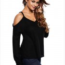 Size S Black Solid color wild knit sexy strapless V-neck long sleeve pullover