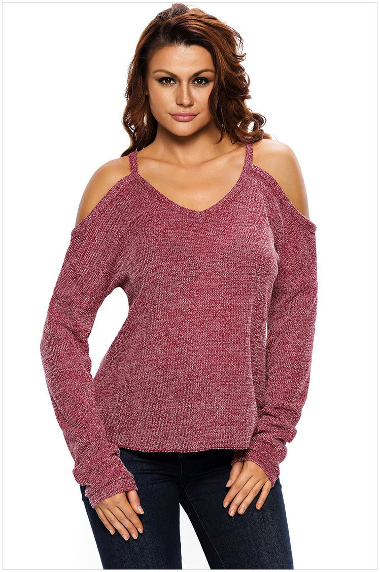 Size XL Red Solid color wild knit sexy strapless V-neck long sleeve pullover