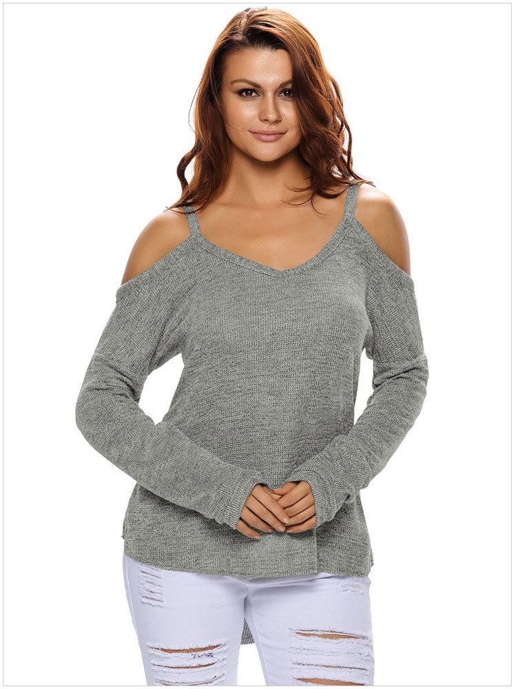 Size XL Grey Solid color wild knit sexy strapless V-neck long sleeve pullover