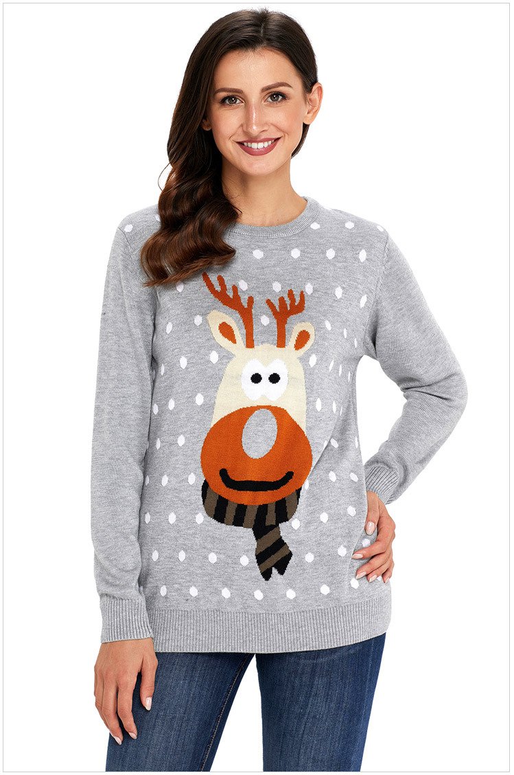 Size XL Grey Large Size knit sweater round neck wild long-sleeved women's Christmas sweater