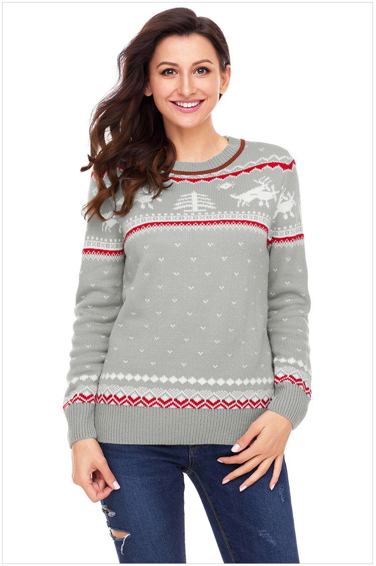 Size XXL Grey Large size printed sweater round neck long sleeve Christmas sweater