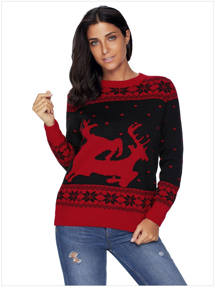 Size L Black Christmas printed large size sweater round neck long-sleeved women's sweater