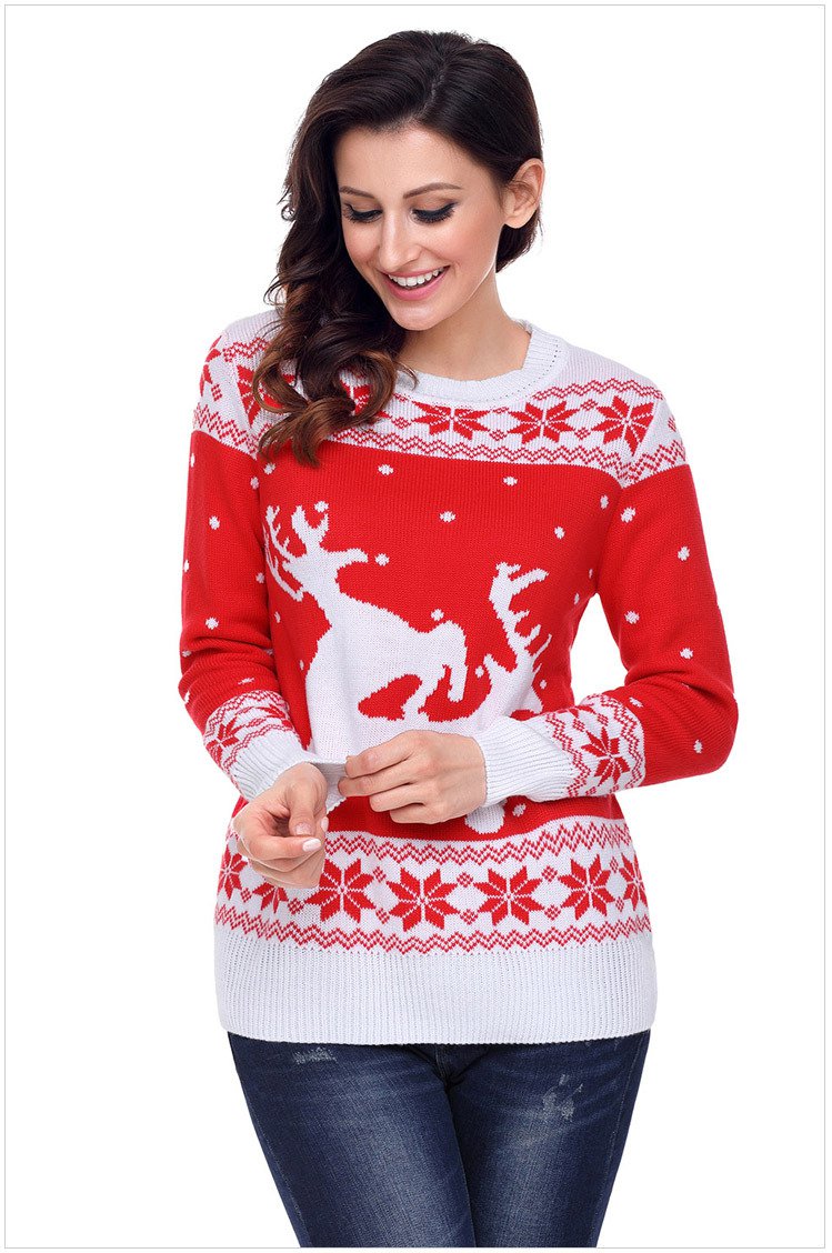 Size L Red Christmas printed large size sweater round neck long-sleeved women's sweater