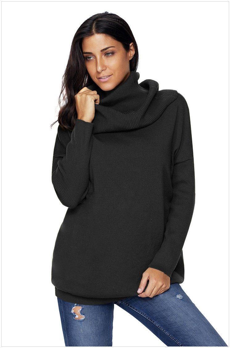 Size S Black New women's sweater solid color high-collar hemp long-sleeved large size sweater