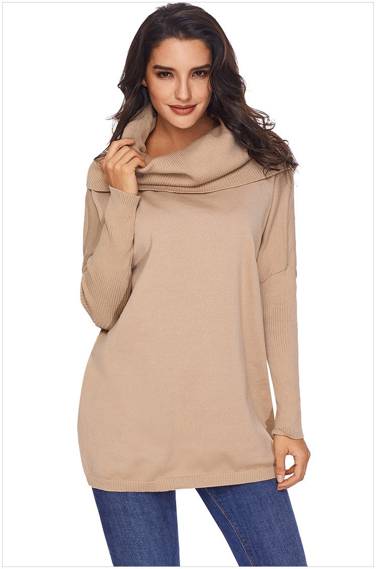Size M Khaki New women's sweater solid color high-collar hemp long-sleeved large size sweater