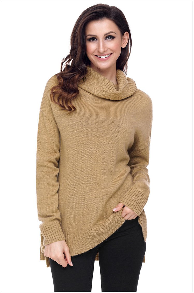 Size M Khaki New rib knit high collar short sleeve long loose women's sweater