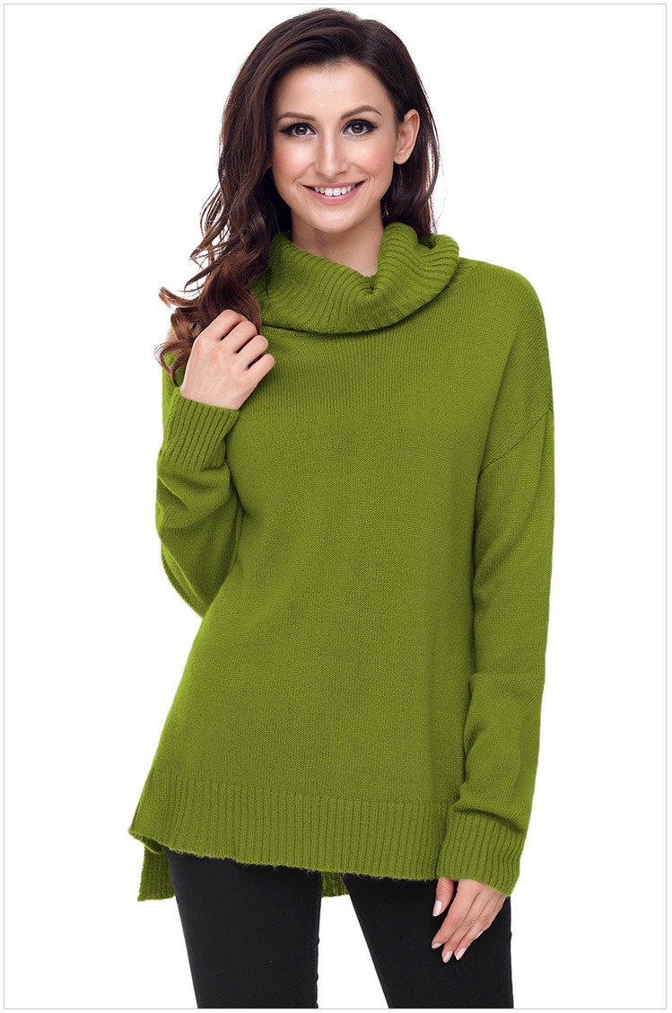 Size XL Green New rib knit high collar short sleeve long loose women's sweater