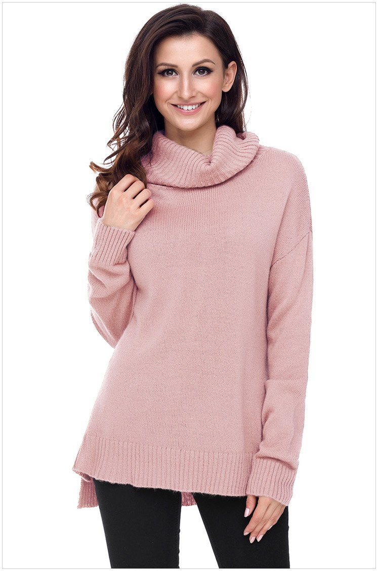 Size L Pink New rib knit high collar short sleeve long loose women's sweater