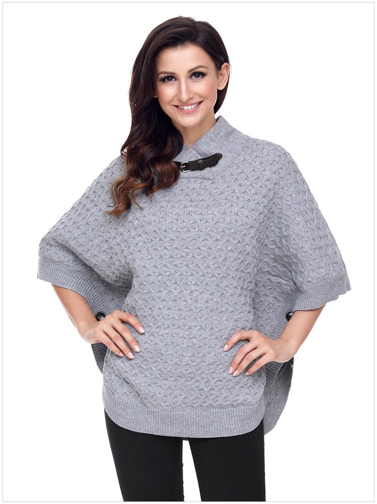 Size M Grey Large size sweater shawl collar bat sleeve knit women's sweater