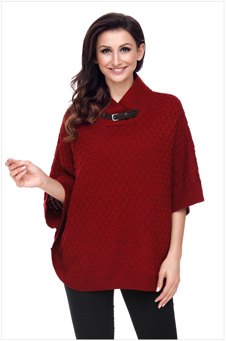Size L Red Large size sweater shawl collar bat sleeve knit women's sweater