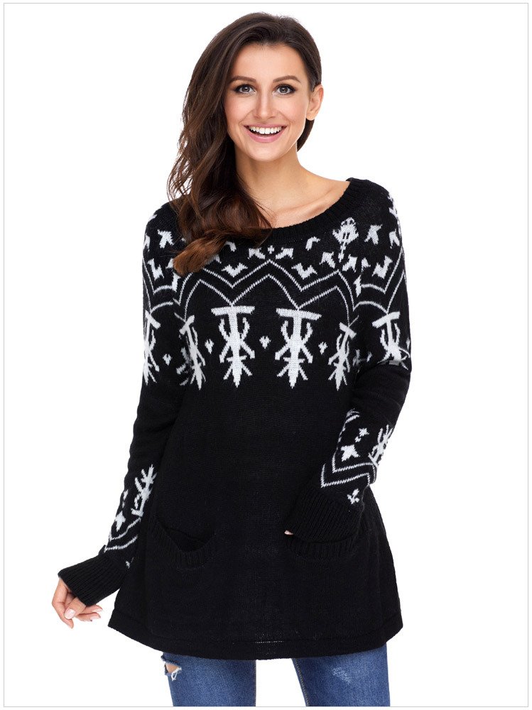 Size M Black Winter sweater sleeve round neck long sleeve printed Christmas sweater