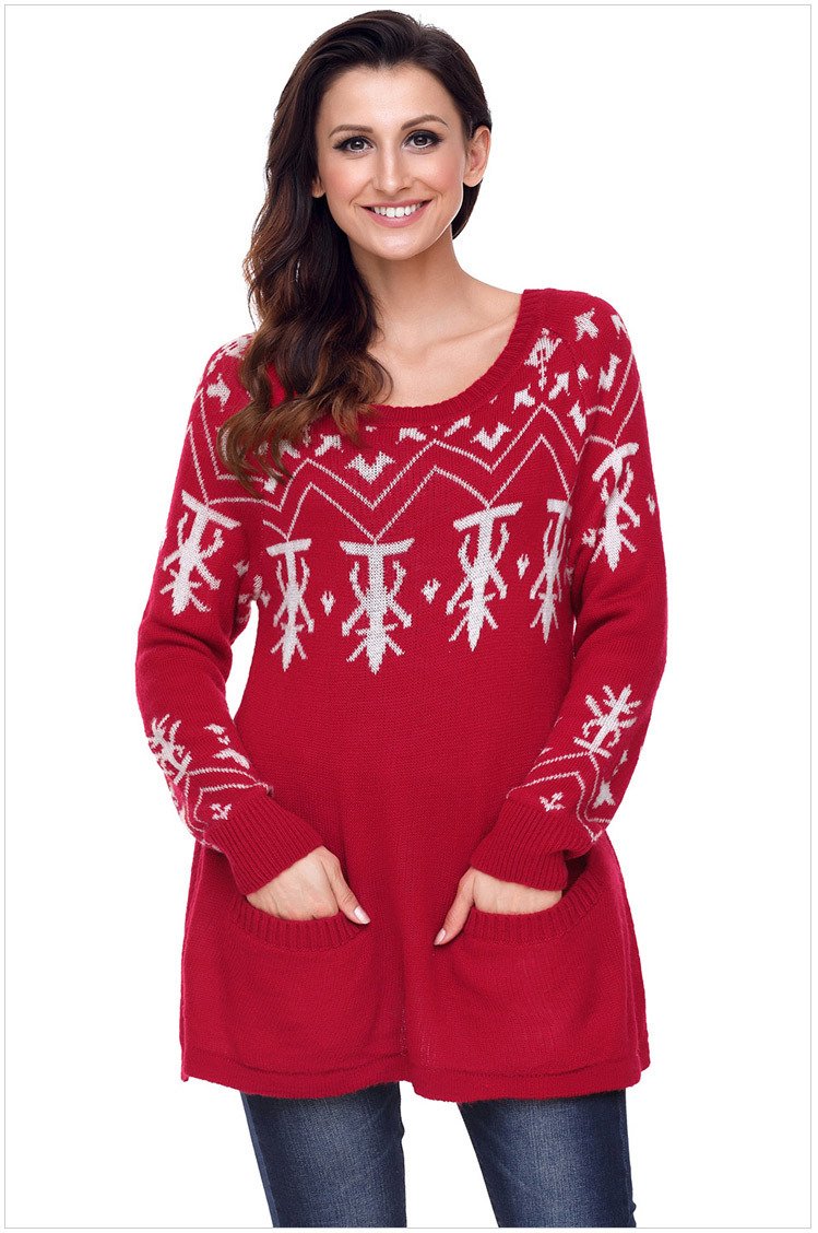 Size XL Red Winter sweater sleeve round neck long sleeve printed Christmas sweater