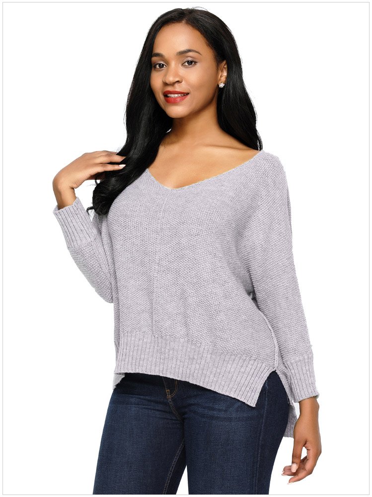 Size XL Grey Women's sweaters long sleeve V-neck long short women's sweaters