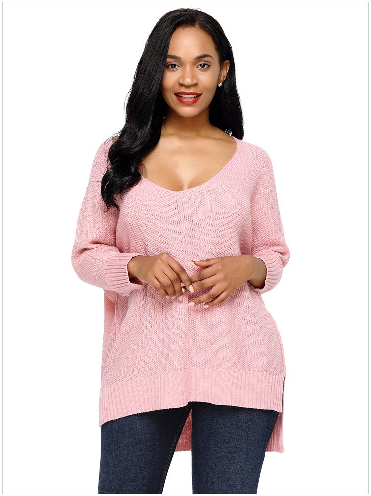 Size M Pink Women's sweaters long sleeve V-neck long short women's sweaters
