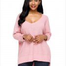 Size L Pink Women's sweaters long sleeve V-neck long short women's sweaters