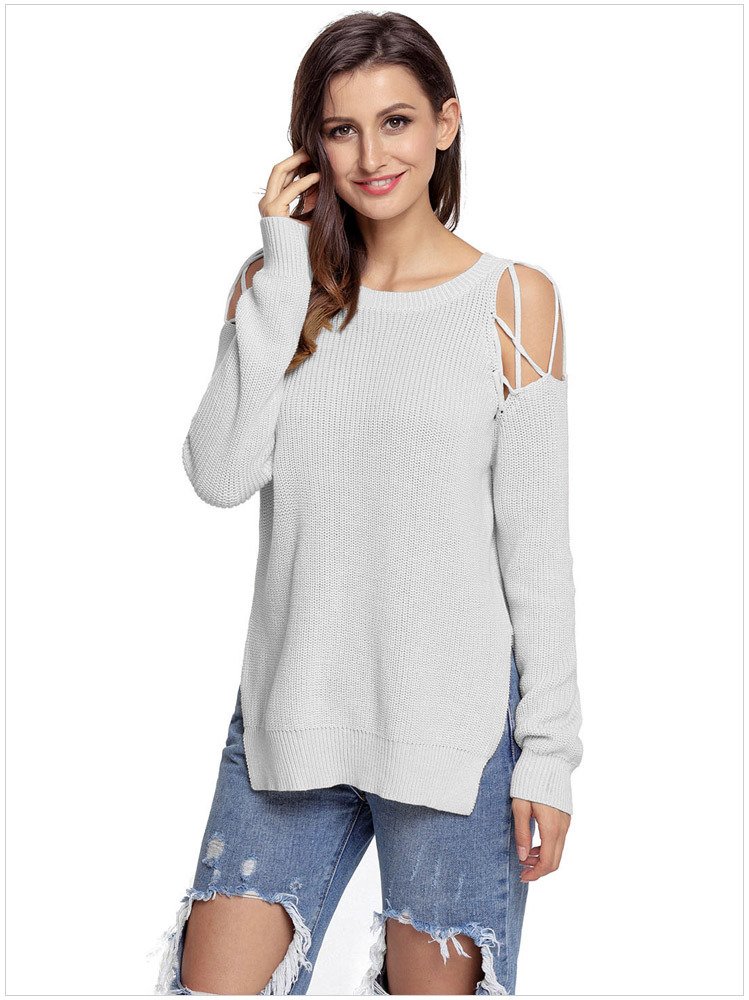 Size L Grey New winter long-sleeved round neck strapless shoulder open split women's sweaters