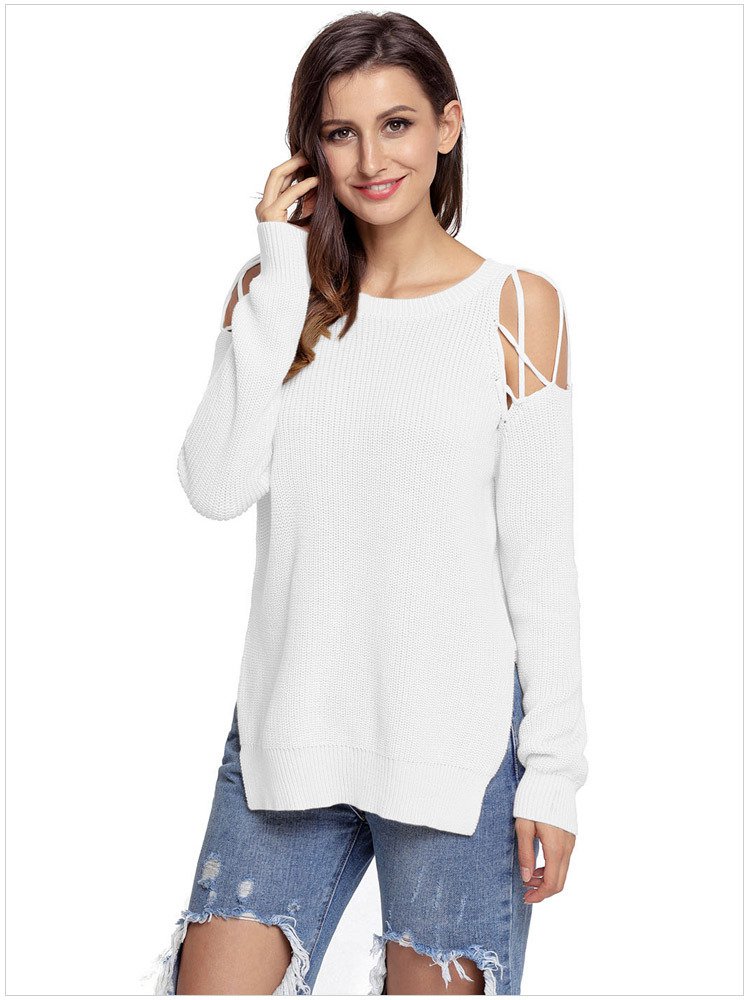 Size XXL White New winter long-sleeved round neck strapless shoulder open split women's sweaters