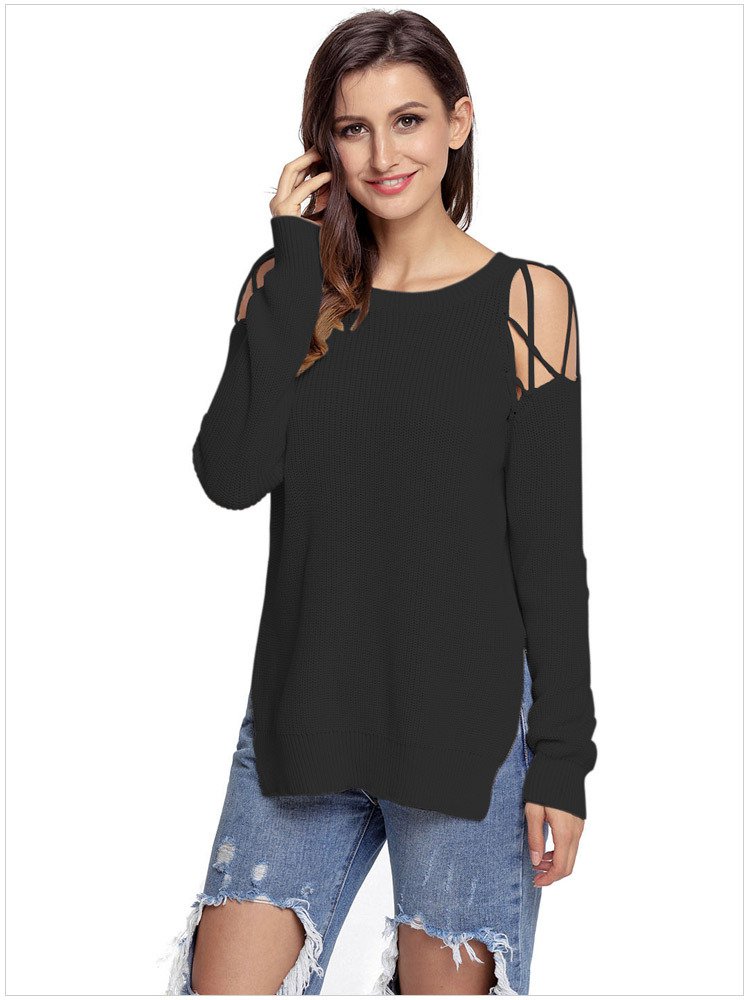 Size S Black New winter long-sleeved round neck strapless shoulder open split women's sweaters