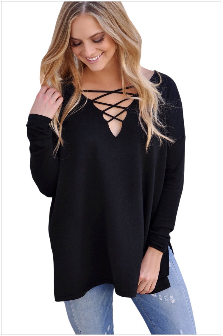 Size S Black Winter sexy women's cross belt V-neck long-sleeved large oversized sweaters