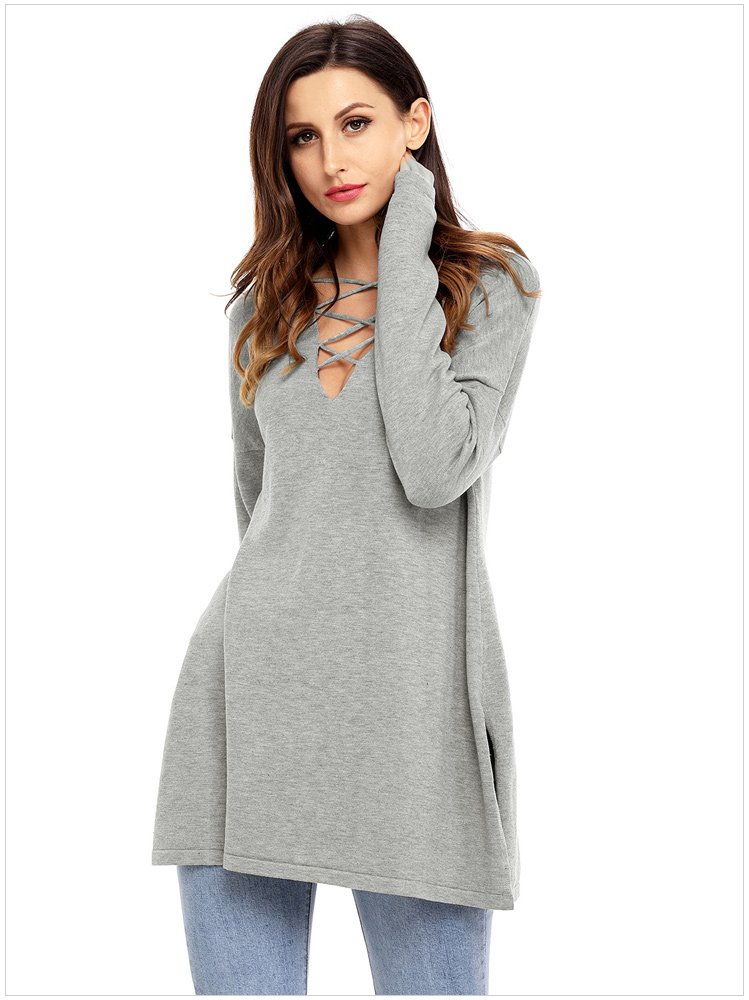 Size S Grey Winter sexy women's cross belt V-neck long-sleeved large oversized sweaters