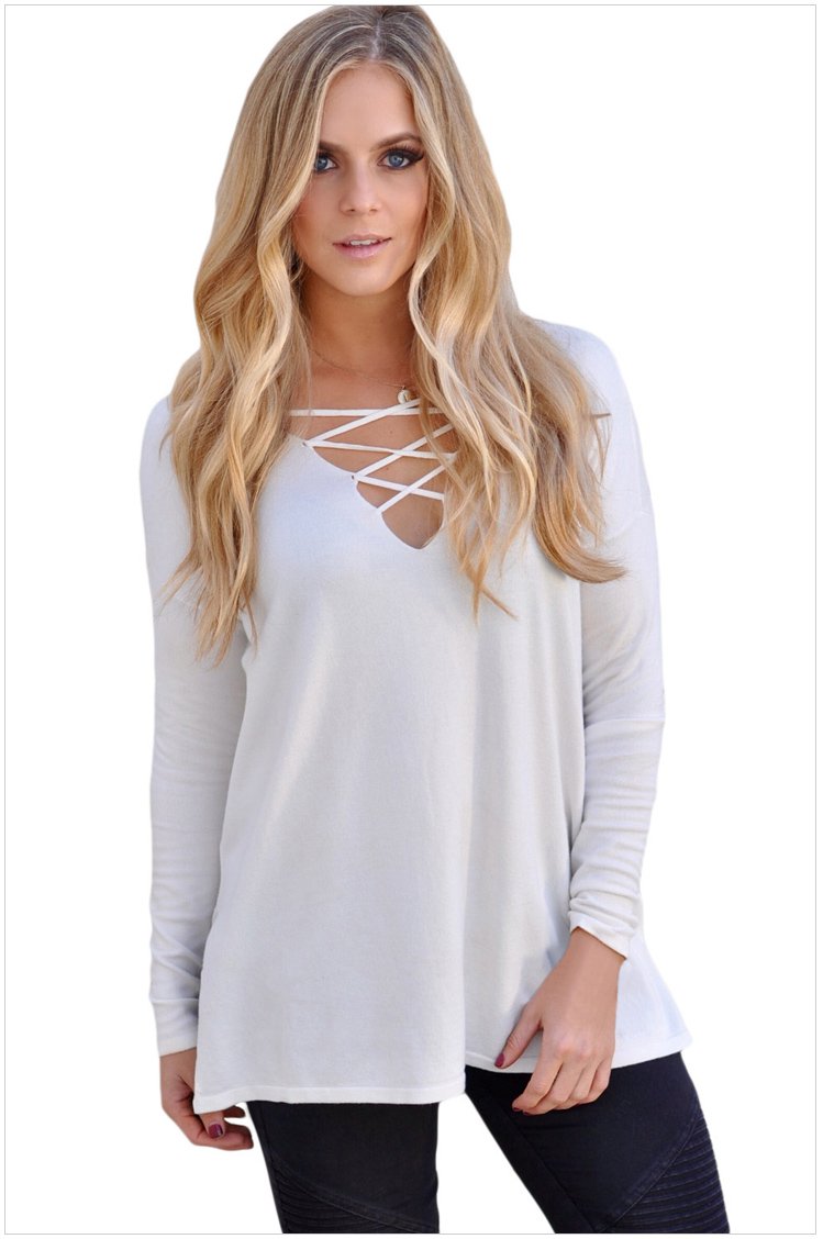 Size XL White Winter sexy women's cross belt V-neck long-sleeved large oversized sweaters