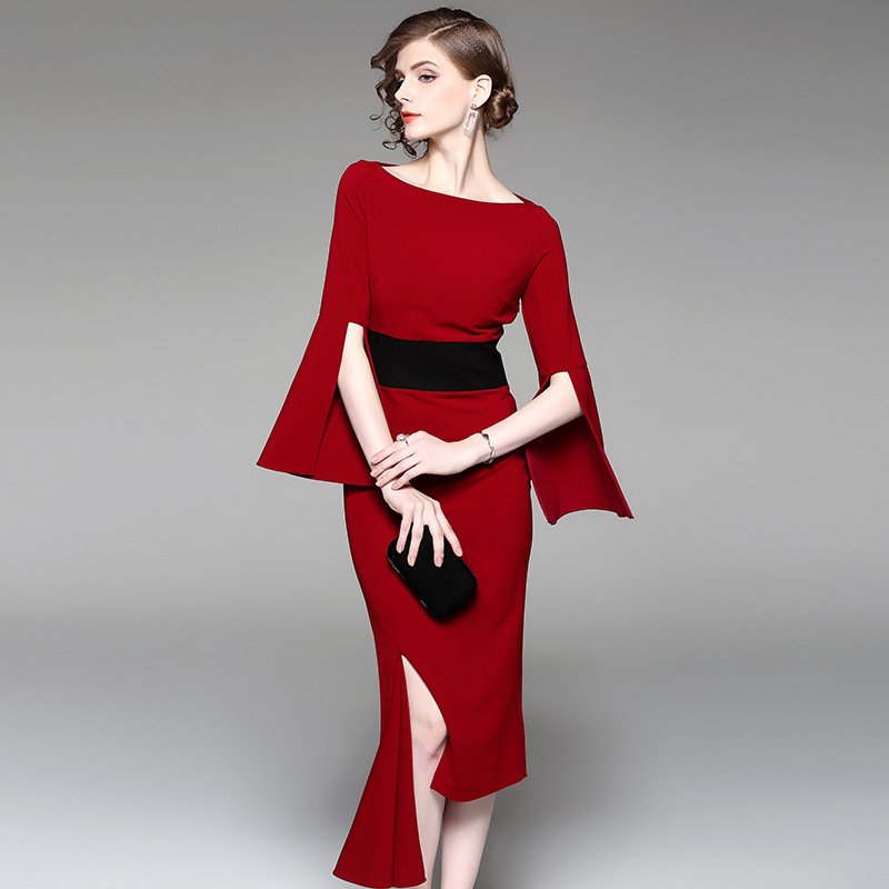 Size S Spring new irregular dress waist Slim temperament red long skirt women's banquet dress