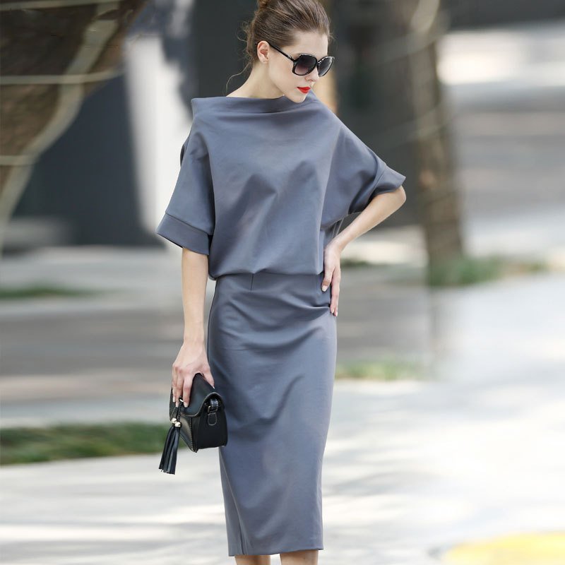 Size L Grey Slim bat sleeves a word collar knit package hip Elegant dress