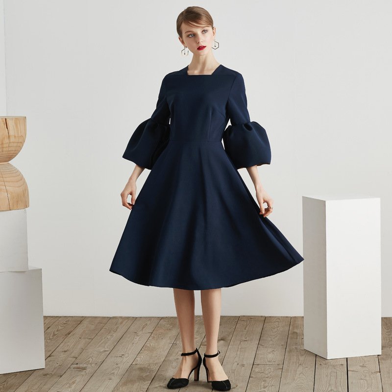 Size S Retro 2018 fall new female Lotus sleeve elegant dress puff dress