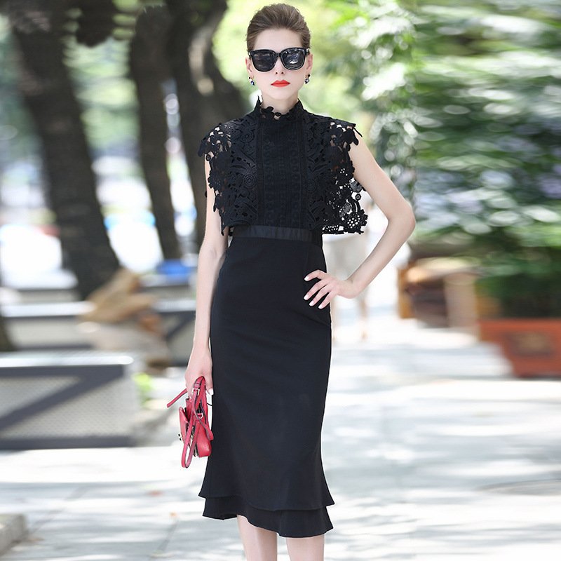 Size XL Lace stitching dress thin autumn 2018 fashion long section OL step dress