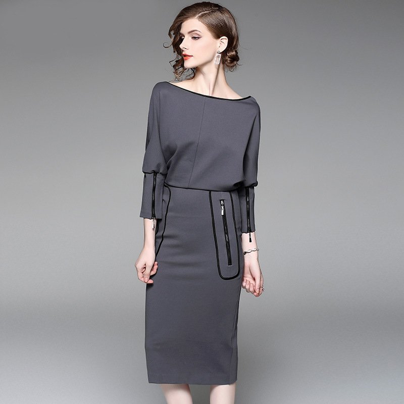 Size M Grey 2017 autumn new bat sleeve loose hip dress boutique women's long Dress