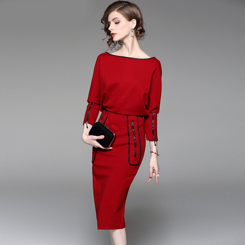Size S Red 2017 autumn new bat sleeve loose hip dress boutique women's long Dress