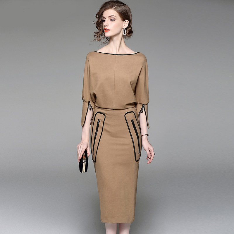 Size L Khaki 2017 autumn new bat sleeve loose hip dress boutique women's long Dress