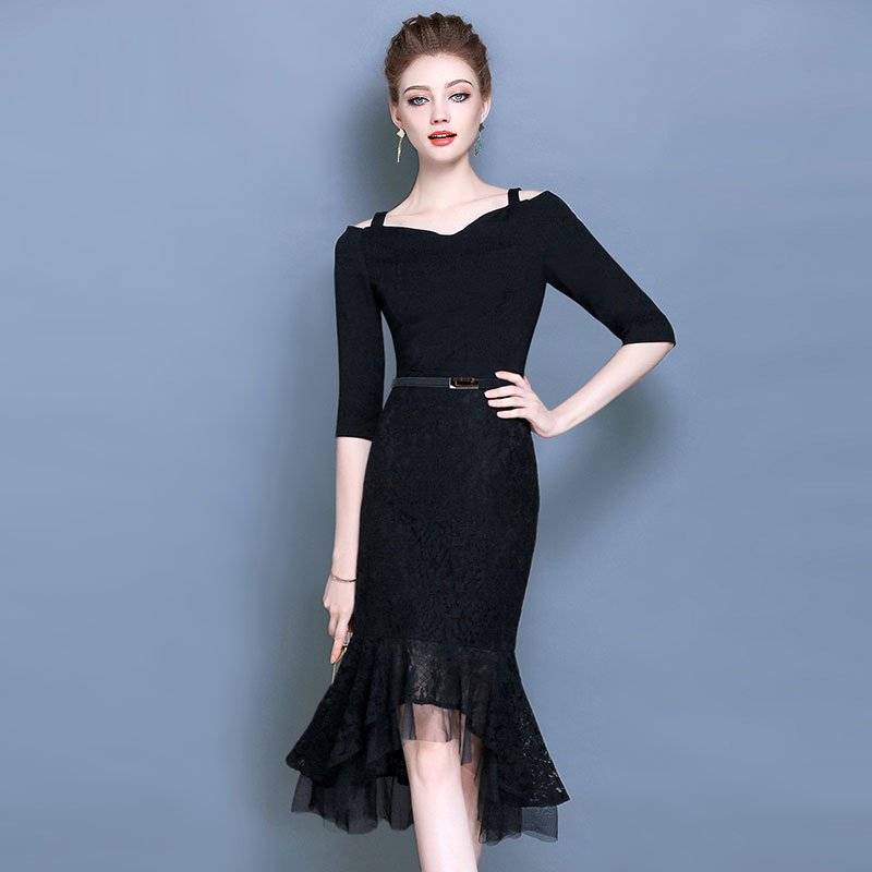 Size XL Slash shoulder dress banquet little black dress ladies small dress fishtail dress
