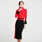 Size S Red 2017 new female OL package hip leave Fake two pieces of dress