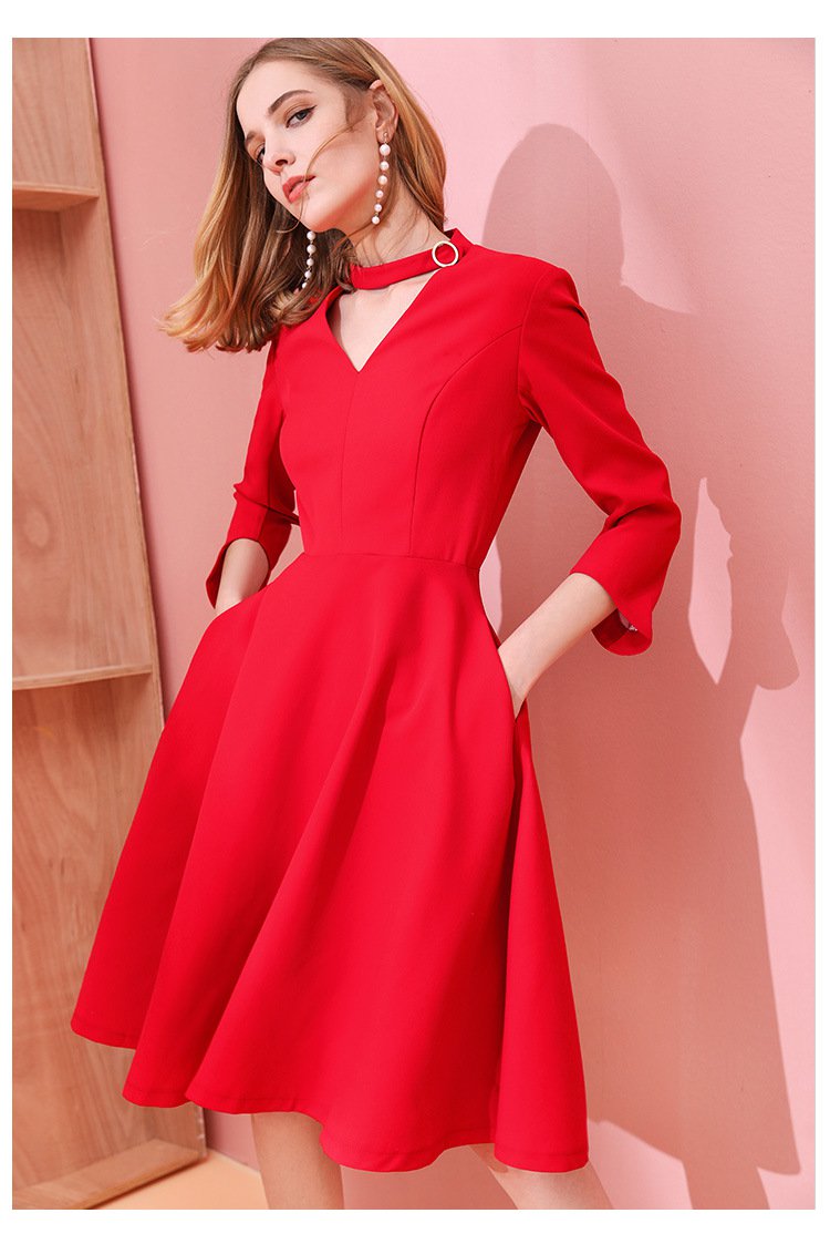 Size S Red women's waist thin dress hollow V-neck black long dress