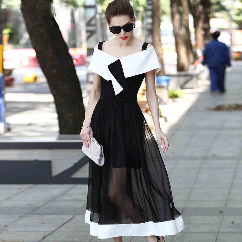 Size XL Slash shoulder mesh gauze dress elegant high-grade elegant 2017 spring summer dress