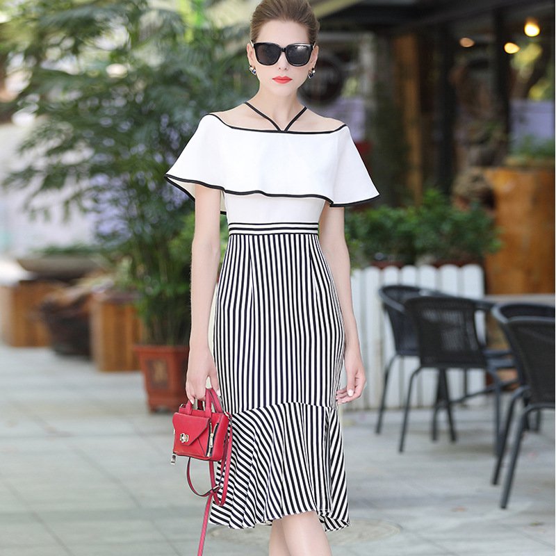 Size XL White Patchwork Slash Neck Stripe Women Dress Ruffle