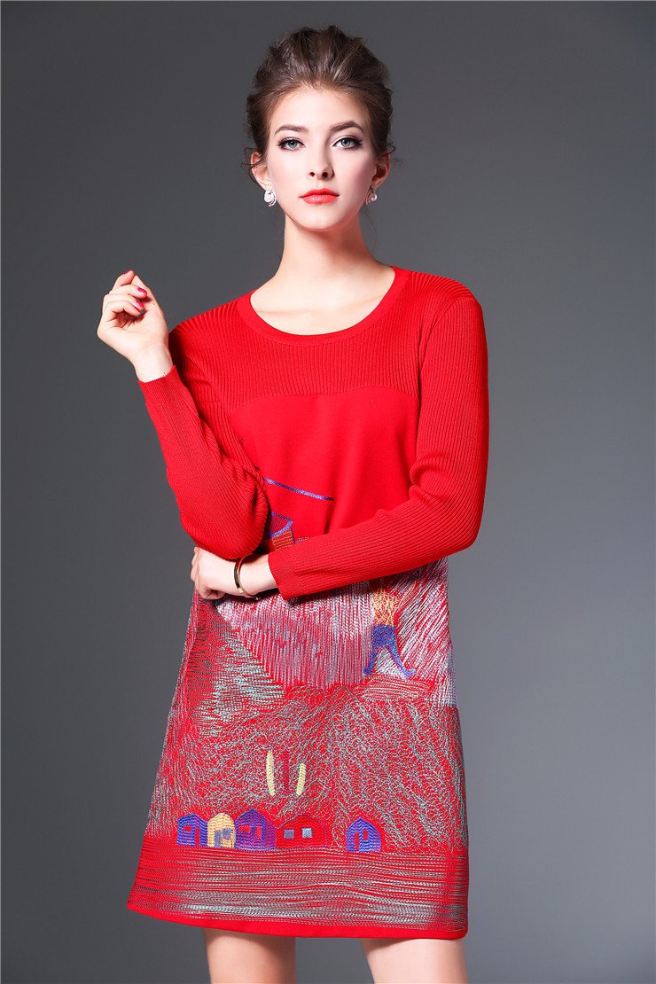 Size S Red Embroidered Long Sleeve Mini Midi Dress