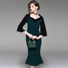 Size L Dark Green Women Long Pencil A-Line Dress Half Sleeve Noble Dress