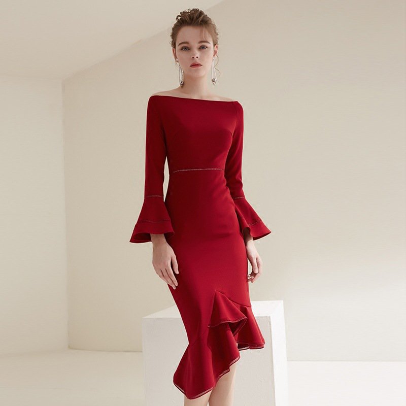 Size XL Red Women Speaker Sleeve Fish Tail Party Dress Irregular Dress