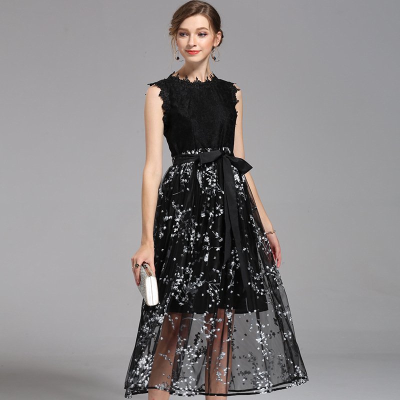 Size L Black Printed Lace Mesh Women Sleeveless Long Dress