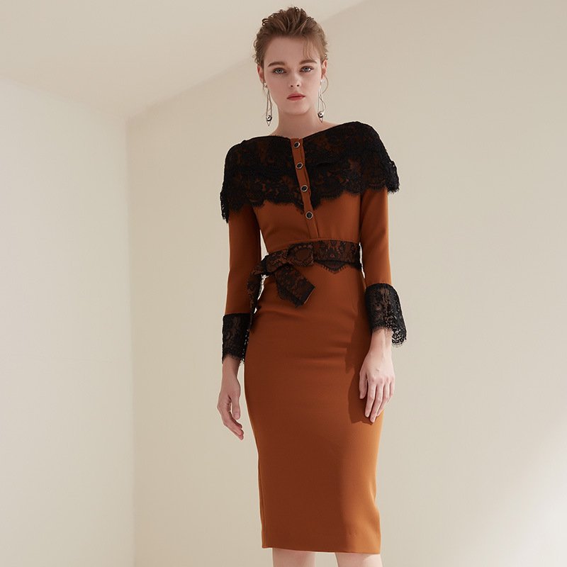 Size S Brown Women Lace Patchwork Slim Pencil Dress
