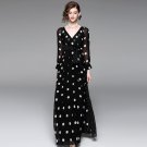 Size L Black Chiffon Women Polka Dots Long V-neck Dress