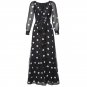 Size L Black Chiffon Women Polka Dots Long V-neck Dress
