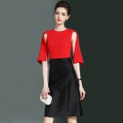 Size XL Red O-neck Women Patchwork Party Dress open Sleeve