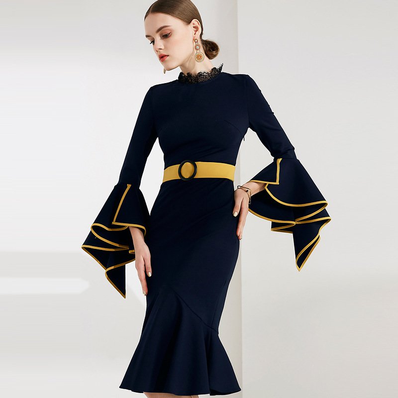 Size XL Blue Women Chic Elegant Dress Ruffle Sleeve Fishtail Formal Dress