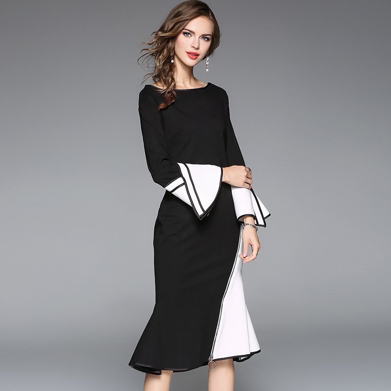 Size XL Black Irregular Women Elegant Dress Ruffle Sleeve Fishtail