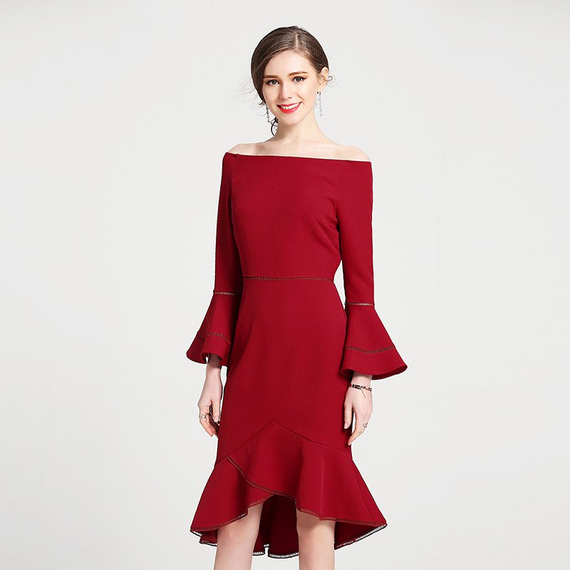 Size XL Red Speaker Sleeve Women Slash Neck Formal Dress Fishtail